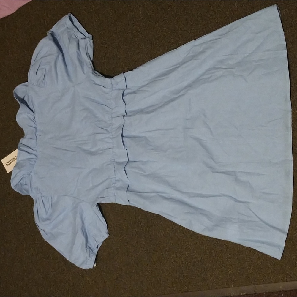 Missguided Poplin Frill Waist Skater Dress SS Linen Look Blue V-neck Puff Sleeve - Picture 3 of 10